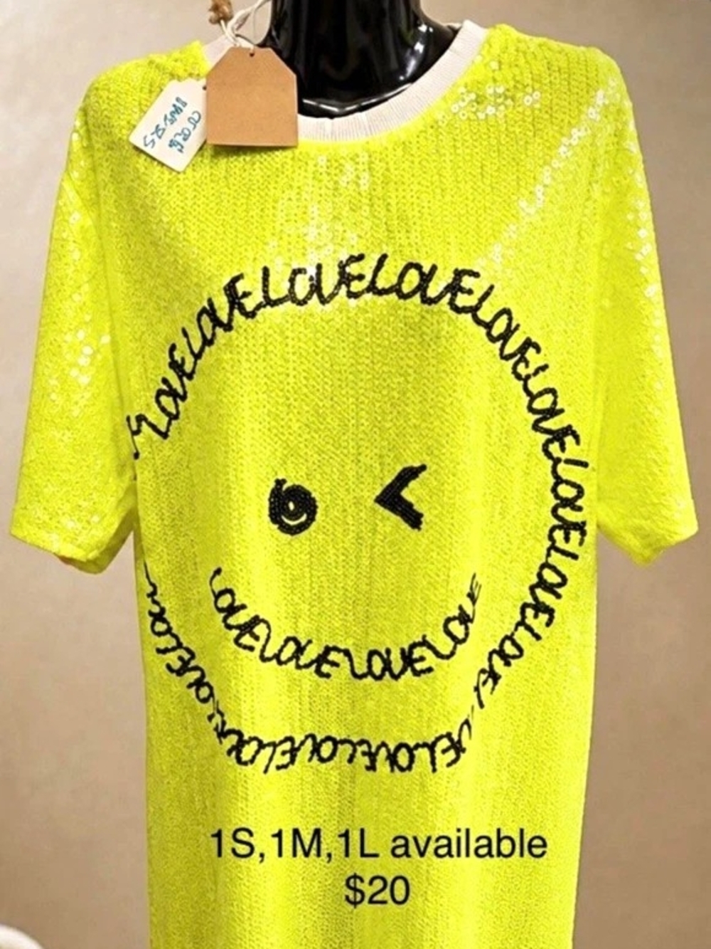 Women’s Yellow Love Graphic Print T Sequin Accents Short Sleeve Crew Neck S,M,L